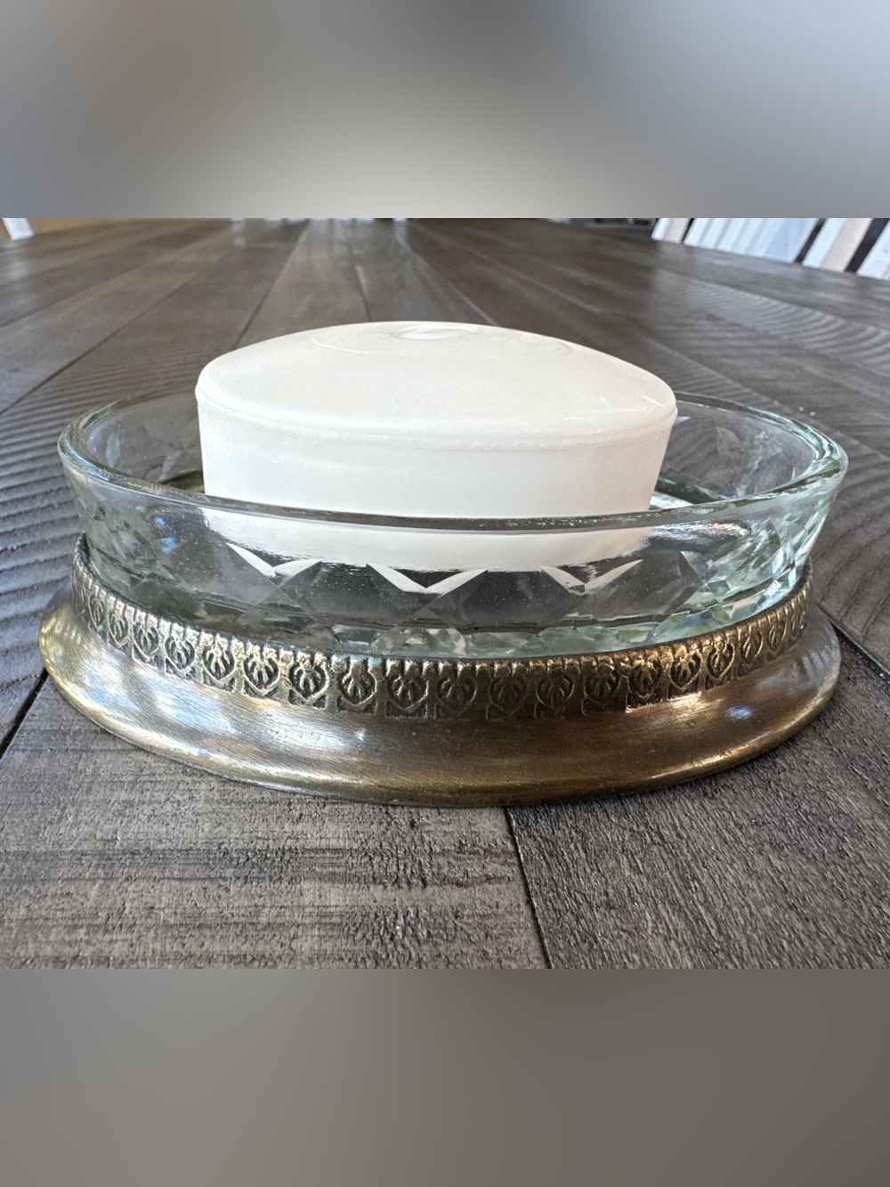 Vintage Starburst Crystal Glass & Brass Ring Base Oval Soap Dish